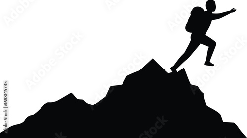 a hiker reaching mountain peak silhouette on transparent background