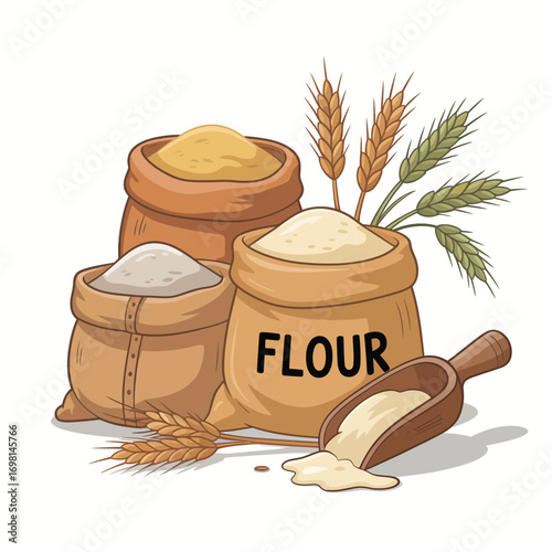 Three Sacks of Flour with Wheat Stalks and Wooden Scoop Keywords: flour, wheat, grain, baking
