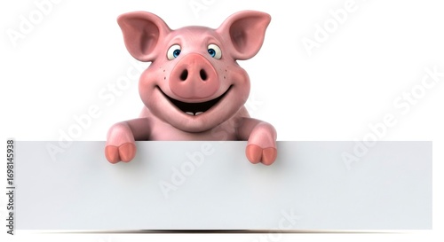 Cheerful 3D cartoon pig with a big smile and blue eyes peeking over a blank white sign, perfect for your custom message. Isolated on a white background.