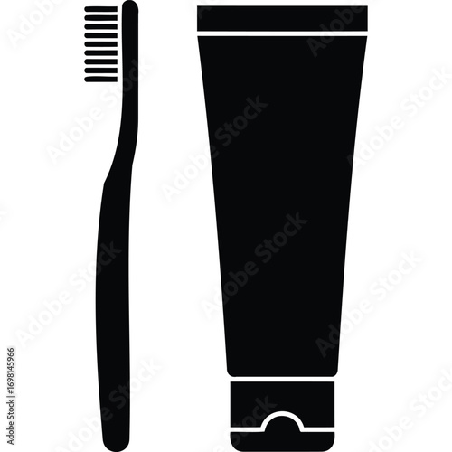 Toothbrush and Toothpaste Tube Icon Black Silhouette dental hygiene oral care health healthcare medicine symbol white simple minimalist