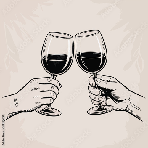 Two hands clinking wine glasses in a toast with decorative background elements Keywords: wine