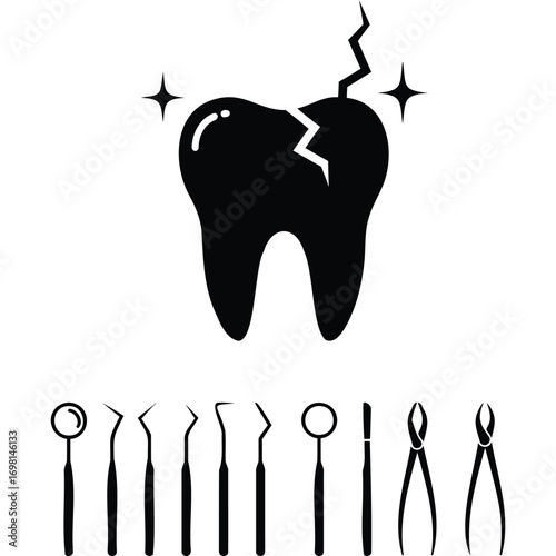Cracked Tooth Icon with Dental Instruments broken tooth dentistry dental tools tooth repair tooth extraction dental care oral health healthcare
