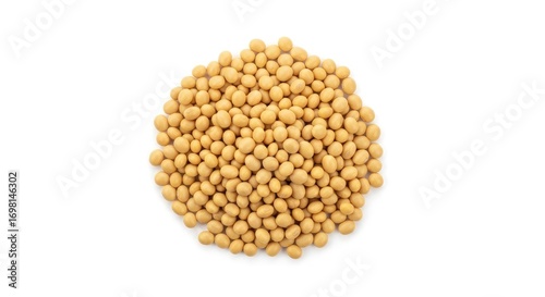Overhead shot of a circular pile of dry, raw soybeans, isolated on a clean white background. Perfect for healthy food, agriculture, and plant-based nutrition themes.