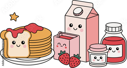 Cute cartoon breakfast food with smiling faces, toast, pancakes, strawberry juice, milk carton, jam jars, happy kitchen food, kawaii breakfast vector illustration