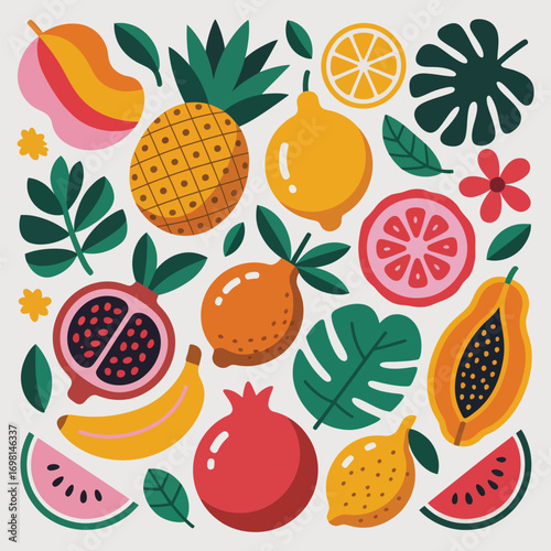 Vibrant arrangement of tropical fruits and exotic leaves in a modern style Keywords: fruit