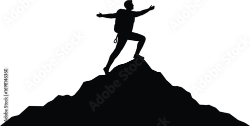 a person standing atop mountain peak silhouette on transparent background