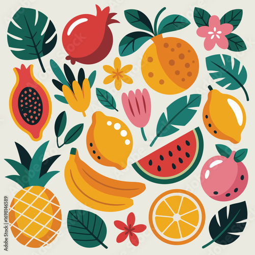 Vibrant flat design illustration of tropical fruits and leaves Keywords: fruits, tropical