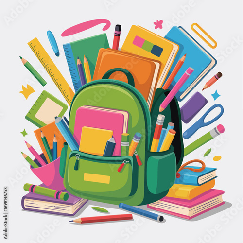 Vibrant illustration of a green backpack overflowing with school supplies education