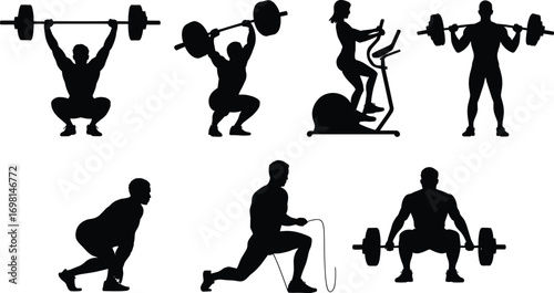 Fitness workout silhouettes, weightlifting training poses, gym exercise illustrations, strength and cardio icons, barbell squats, jump rope workout, vector fitness design elements