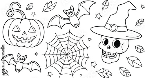 Halloween spooky vector illustration with pumpkin, bats, spider web, skull wearing witch hat, stars and leaves, coloring page, festive, scary, holiday decorations