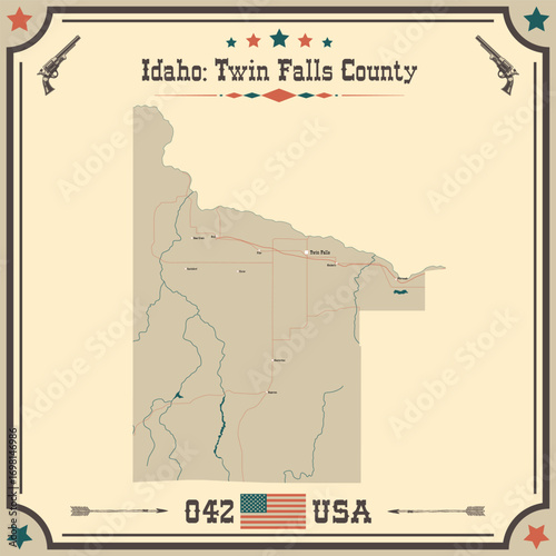 Large and accurate map of Twin Falls County, Idaho, USA with vintage colors.
