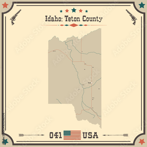Large and accurate map of Teton County, Idaho, USA with vintage colors.