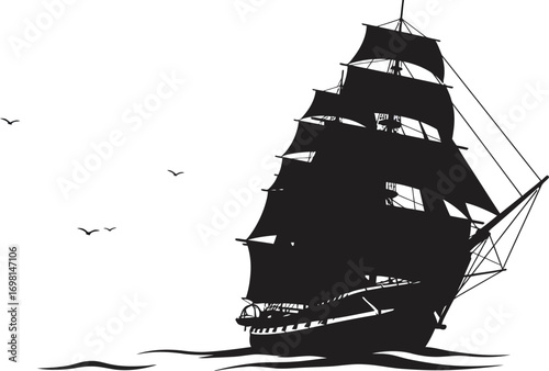 a sailing ship with birds flying above on transparent background silhouette