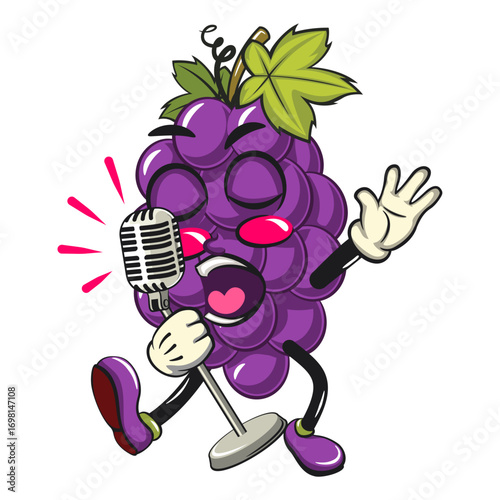 cute grape fruit mascot character vector illustration singing with maximum style, work of hand drawn
