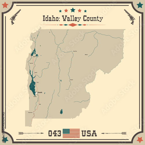 Large and accurate map of Valley County, Idaho, USA with vintage colors.