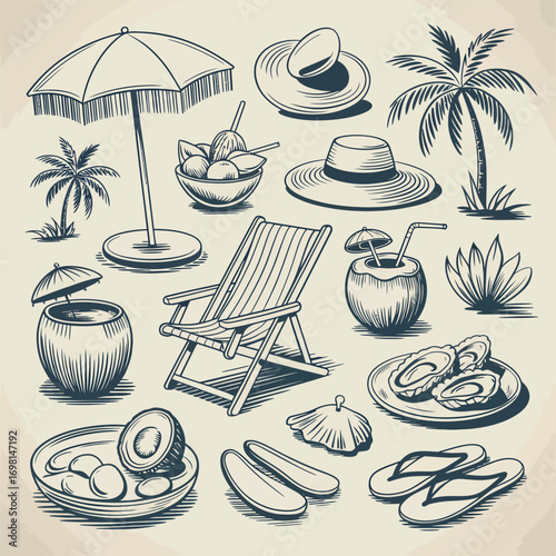Vintage beach vacation illustration with umbrella deck chair and tropical drinks palm tree