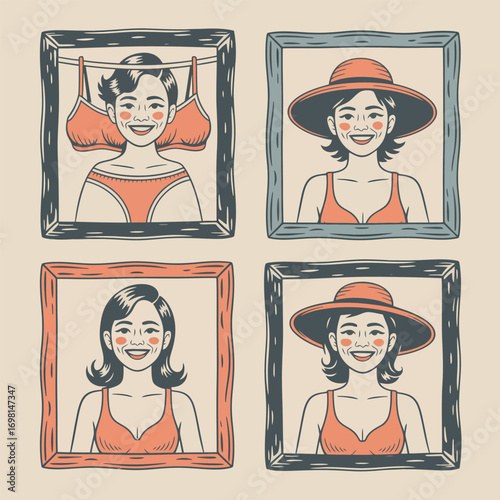Vintage framed portraits of women in retro swimwear and hats Keywords: vintage, retro, woman