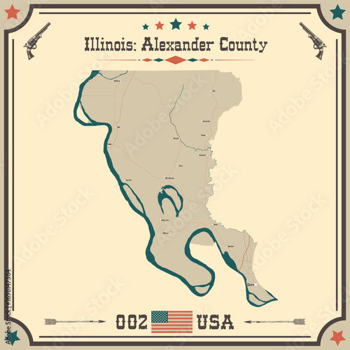 Large and accurate map of Alexander County, Illinois, USA with vintage colors.