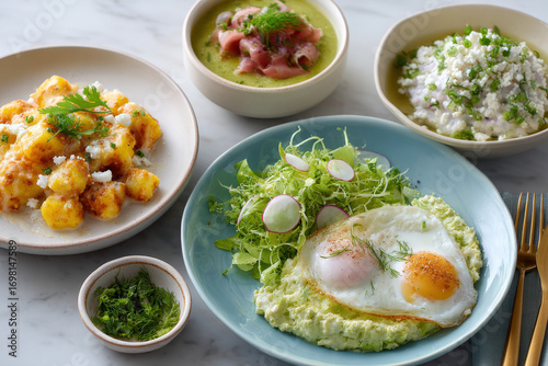 weekly meal plan featuring ar blurred white text bars illustrating aesthetic breakfast with minimalism and bright