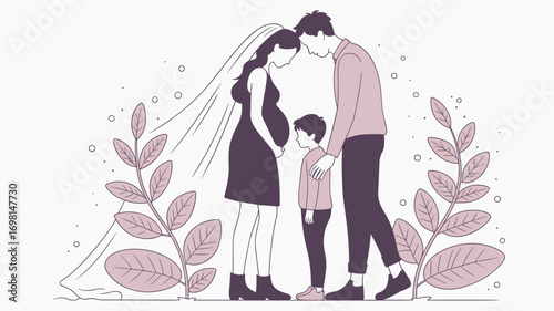 Pregnant mother, father, and child standing together under a veil, loving family moment, expecting parents, family love, maternity, parenthood vector illustration, tender family scene