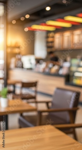 Blurred background of a modern coffee shop or cafe interior with warm lighting and bokeh effects, creating a cozy and inviting atmosphere. Ideal for abstract or background use.