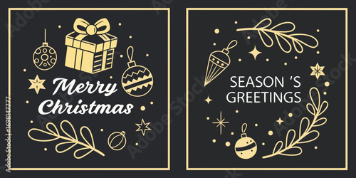 Two christmas greeting cards with gift box ornaments and text merry christmas and season's greetings design