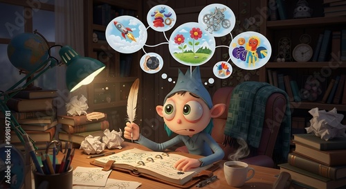 Young Boy Drawing at Desk with Imagination and Creative Ideas in Cozy Study Room