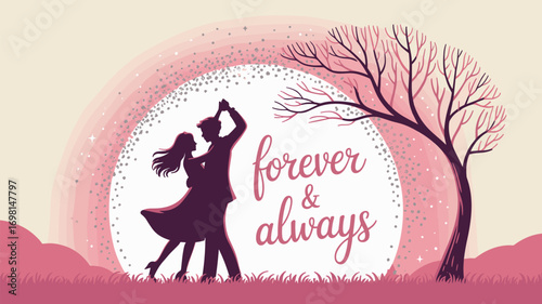Romantic couple dancing silhouette under moonlight, pink love illustration with tree and text forever & always, Valentine's Day vector art
