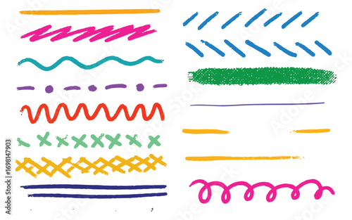 Collection colorful bold curved lines with loops isolated on white. Hand drawn bold grunge wavy and swirled brush strokes. Simple childish vector scribbles and squiggles. Creative trendy style design