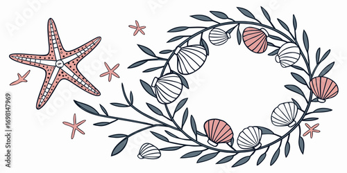 Seashells and starfish arrangement with a circular wreath of leaves and shells around an empty space