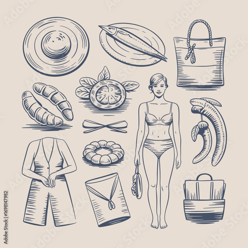 Vintage sketch of beach attire and food items Keywords: vintage, sketch, drawing, beach, fashion