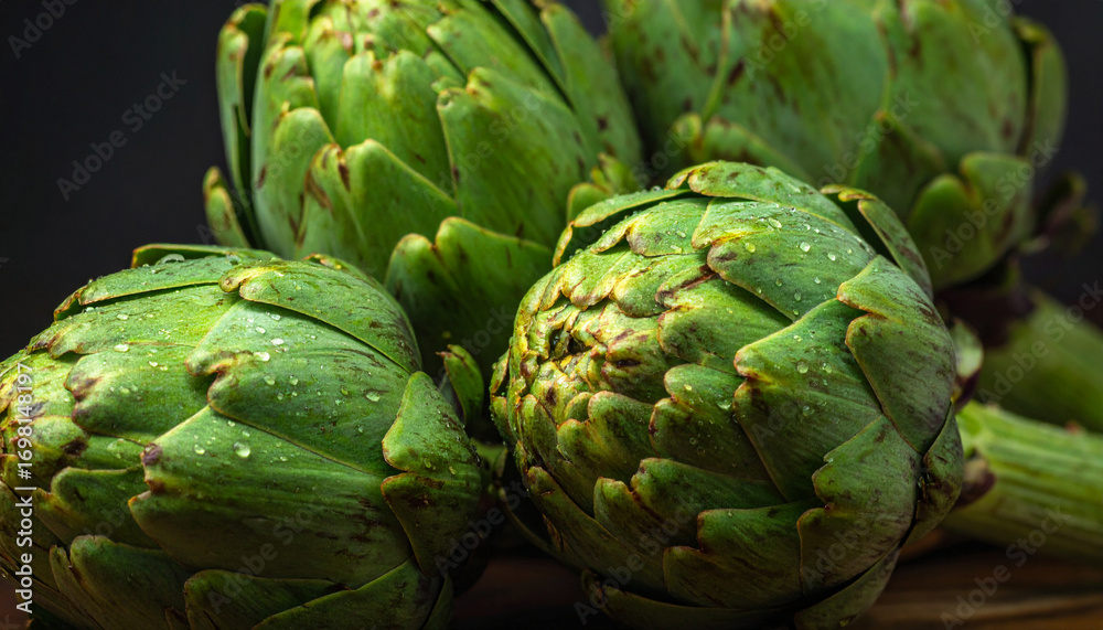Fototapeta premium Close-up of fresh artichokes with water droplets arranged on a black background