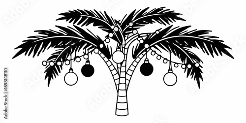Stylized christmas palm tree with ornaments and string lights in black and white vector illustration