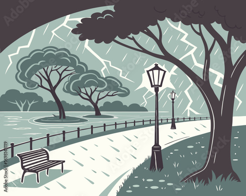 City park with pathway and bench, lanterns and trees on shore of river or lake under rain and lightning. Cartoon vector storm and rainy urban landscape with public garden on embankment street. See Les