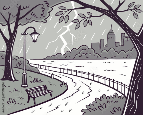 City park with pathway and bench, lanterns and trees on shore of river or lake under rain and lightning. Cartoon vector storm and rainy urban landscape with public garden on embankment street. See Les