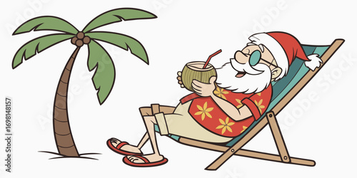 Santa claus relaxing on a beach chair with a coconut drink next to a palm tree during vacation time