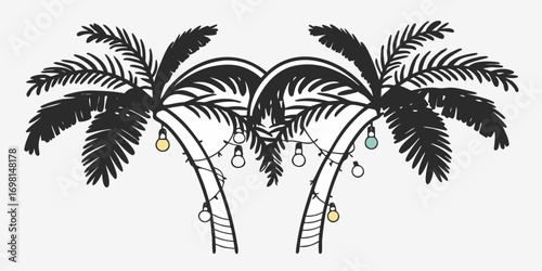 Two palm trees decorated with string lights in black and white tropical holiday themed illustration
