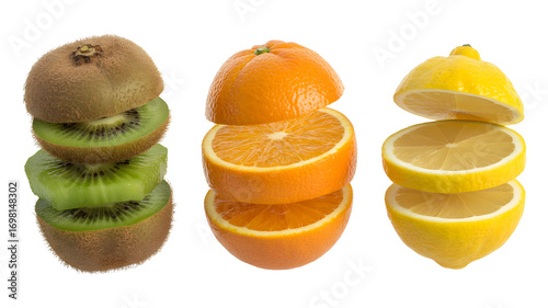 Stacked kiwi, orange, and lemon slices with whole fruits isolated on white background