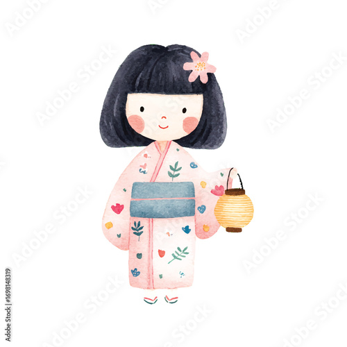 Adorable Girl in Kimono Watercolor Illustration Japanese Lantern.
