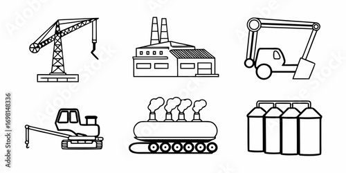 Illustration of construction crane factory excavator tanker and storage tanks in black and white outline