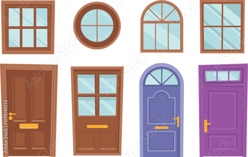 Set of wooden doors and windows, colorful home entrance elements, residential architectural vector illustration, classic and modern facade design, house decor clipart