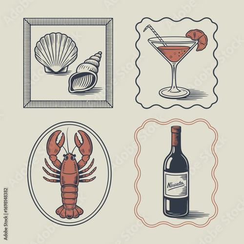 Vintage style illustrations of seafood, drinks and beach elements Keywords: seafood, lobster
