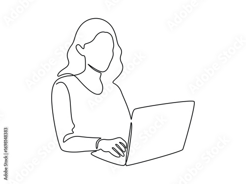 Woman with laptop computer in one continuous line drawing. Symbol of businesswoman and female student in simple linear style. Searching concept in Editable stroke. Handwriting vector illustration