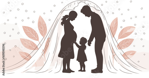 Silhouette of pregnant woman with husband and daughter under canopy, family love and maternity concept, emotional vector illustration