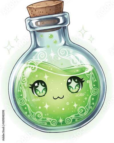 Cute Green Potion Bottle Illustration Kawaii Magical Elixir Design