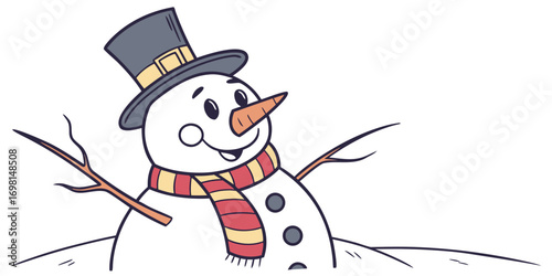Illustration of a cartoon snowman with a top hat scarf carrot nose and stick arms on a snowy background