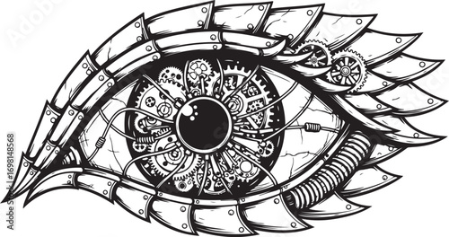 A vector illustration of a grunge skull with wings and a tattoo, a round symbol of time, and a compass design