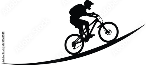 cyclist riding bike on curved path silhouette on transparent background