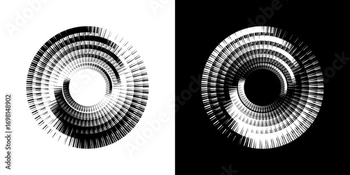 Dynamic abstract spiral sound wave rhythm lines. Circular spiral sound wave rhythm of lines. Circular futuristic abstract lines, black and white background.