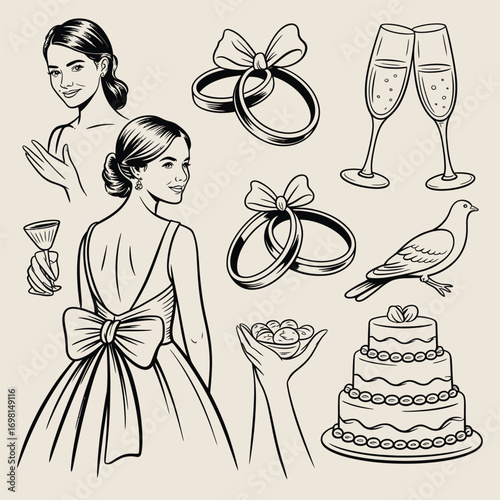Wedding celebration elements with bride and champagne glasses Keywords: wedding, bride, rings